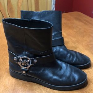 Michael Kors black leather ankle boots silver buckle